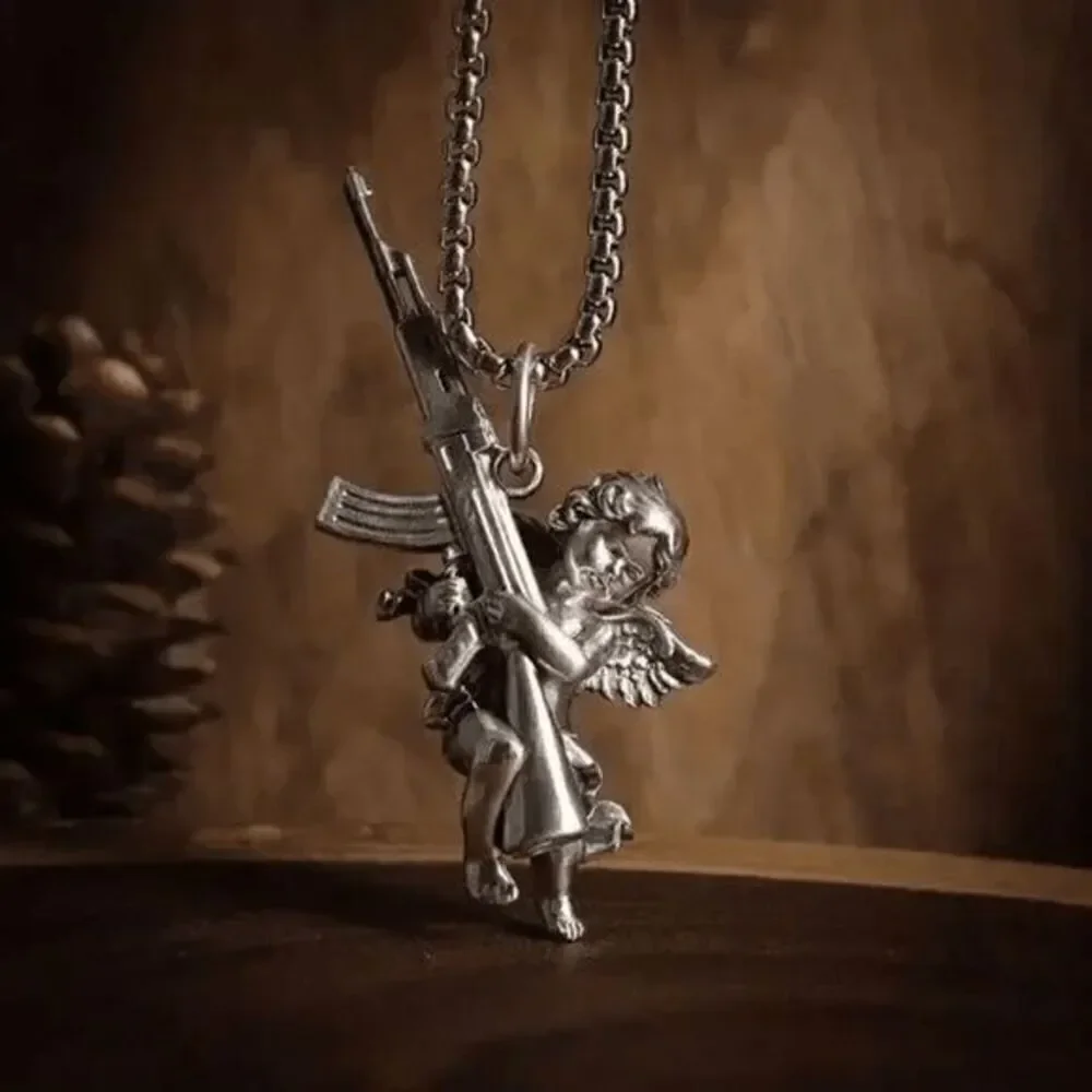 Angel Cherub Cupid AK47 Gun Stainless Steel Pendant Necklace